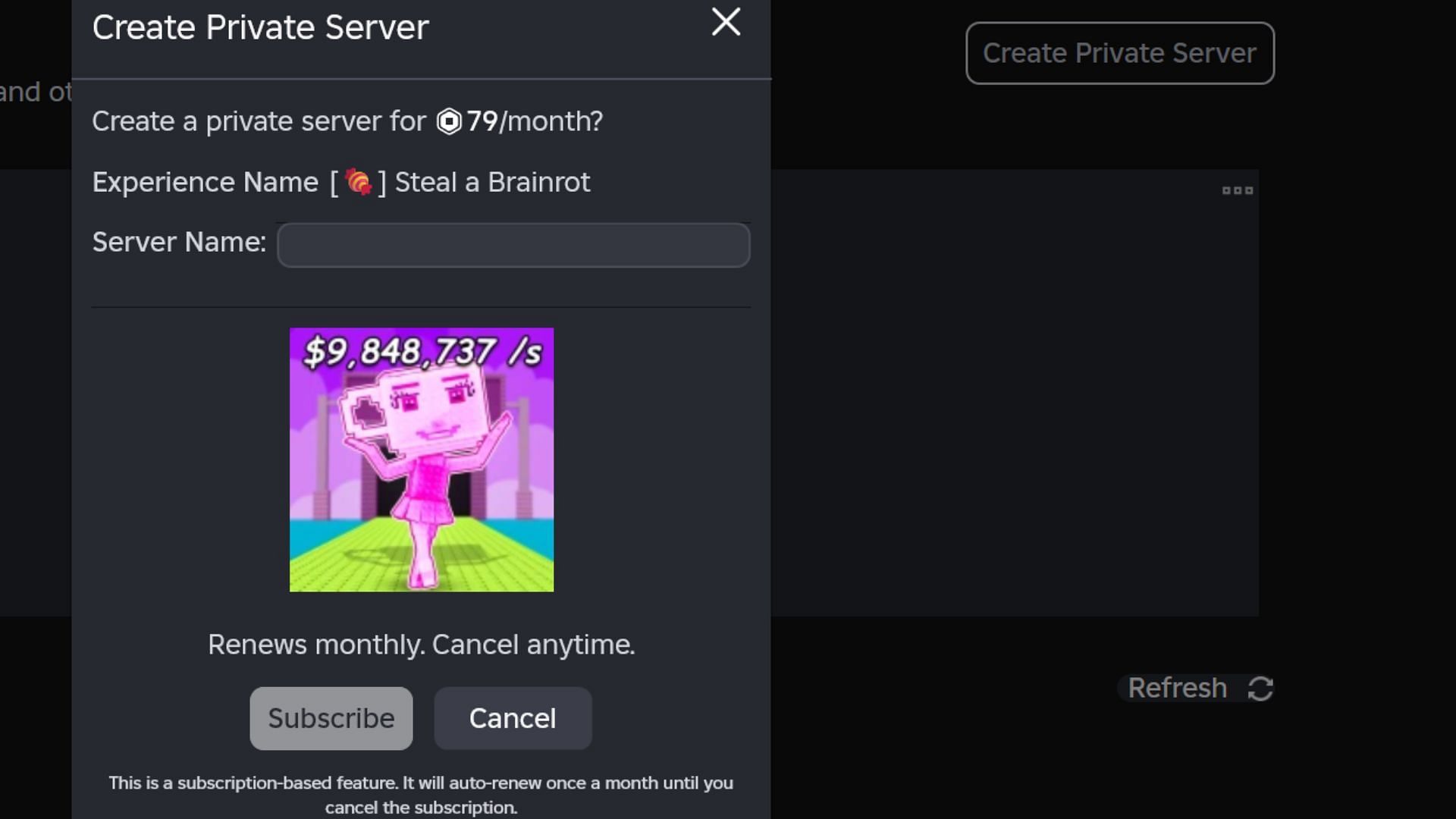 The private servers for this game aren't free (Image via Roblox)